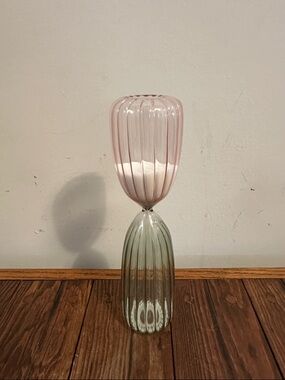 Two-Tone Blush Pink and Sage Ribbed Glass Hourglass Accent